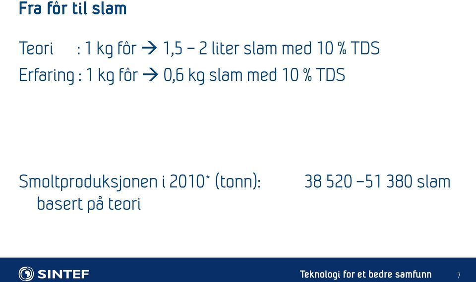 0,6 kg slam med 10 % TDS Smoltproduksjonen i