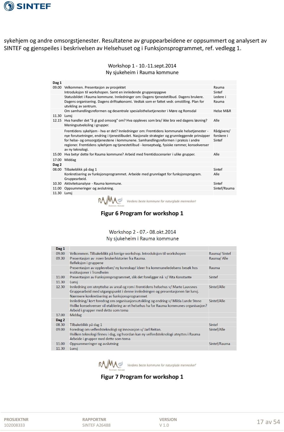 Samt en innledende gruppeoppgave Sintef Statusbildet i Rauma kommune. Innledninger om: Dagens tjenestetilbud. Dagens brukere. Dagens organisering. Dagens driftsøkonomi. Vedtak som er fattet vedr.