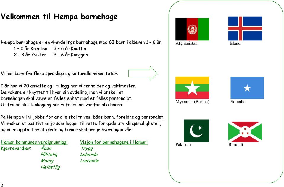 I år har vi 20 ansatte og i tillegg har vi renholder og vaktmester. De voksne er knyttet til hver sin avdeling, men vi ønsker at barnehagen skal være en felles enhet med et felles personalet.