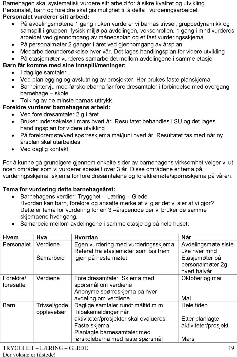 1 gang i mnd vurderes arbeidet ved gjennomgang av månedsplan og et fast vurderingsskjema. På personalmøter 2 ganger i året ved gjennomgang av årsplan Medarbeiderundersøkelse hver vår.