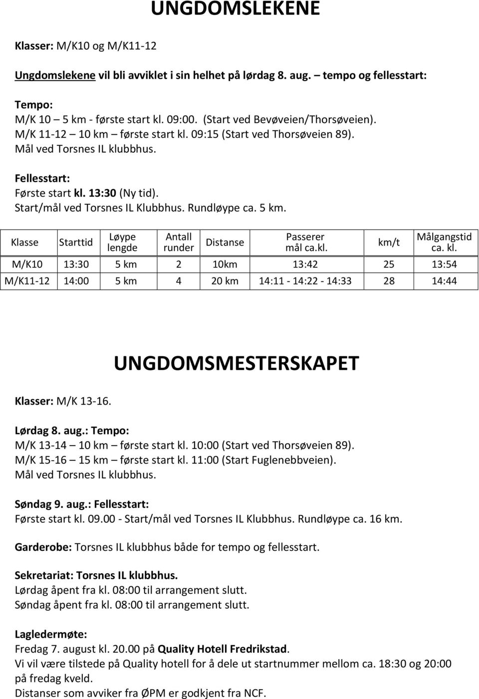 Start/mål ved Torsnes IL Klubbhus. Rundløype ca. 5 km. Klasse Starttid Løype lengde Antall runder Distanse Passerer mål ca.kl. km/t Målgangstid ca. kl.