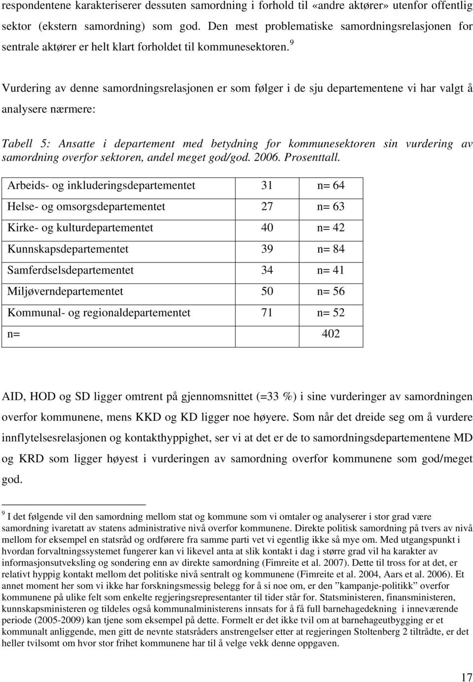 9 Vurdering av denne samordningsrelasjonen er som følger i de sju departementene vi har valgt å analysere nærmere: Tabell 5: Ansatte i departement med betydning for kommunesektoren sin vurdering av