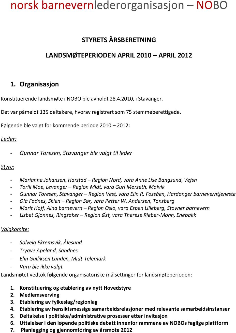 Følgende ble valgt for kommende periode 2010 2012: Leder: Styre: - Gunnar Toresen, Stavanger ble valgt til leder - Marianne Johansen, Harstad Region Nord, vara Anne Lise Bangsund, Vefsn - Torill Moe,