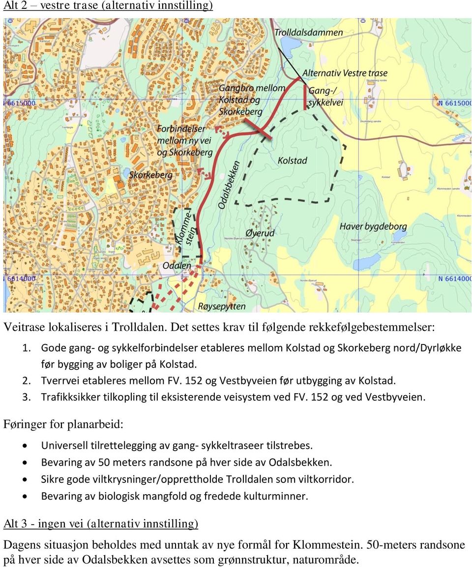 3. Trafikksikker tilkopling til eksisterende veisystem ved FV. 152 og ved Vestbyveien. Føringer for planarbeid: Universell tilrettelegging av gang- sykkeltraseer tilstrebes.