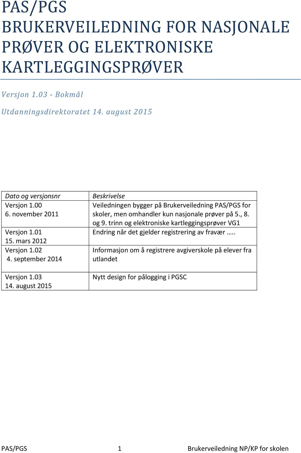 august 2015 Beskrivelse Veiledningen bygger på Brukerveiledning PAS/PGS for skoler, men omhandler kun nasjonale prøver på 5., 8. og 9.