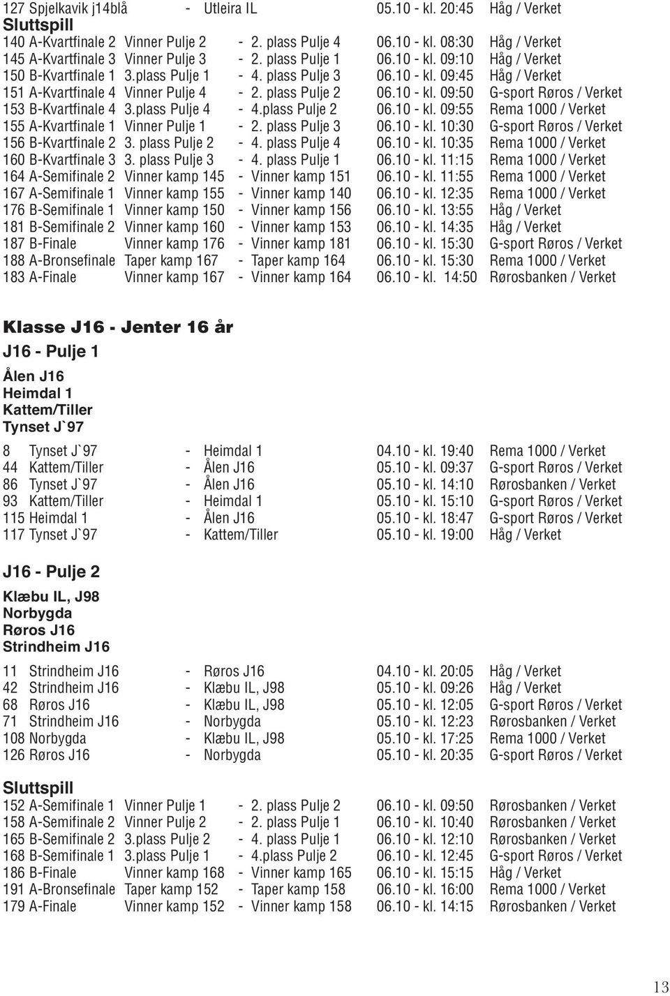 plass Pulje 4-4.plass Pulje 2 06.10 - kl. 09:55 Rema 1000 / Verket 155 A-Kvartfinale 1 Vinner Pulje 1-2. plass Pulje 3 06.10 - kl. 10:30 G-sport Røros / Verket 156 B-Kvartfinale 2 3. plass Pulje 2-4.