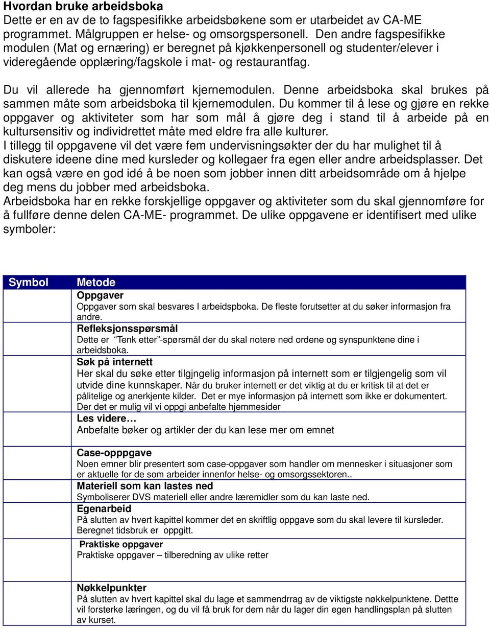 Du vil allerede ha gjennomført kjernemodulen. Denne arbeidsboka skal brukes på sammen måte som arbeidsboka til kjernemodulen.