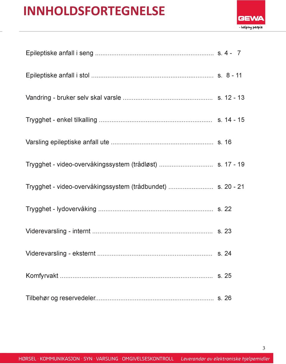 .. s. 17-19 Trygghet - video-overvåkingssystem (trådbundet)... s. 20-21 Trygghet - lydovervåking... s. 22 Viderevarsling - internt.