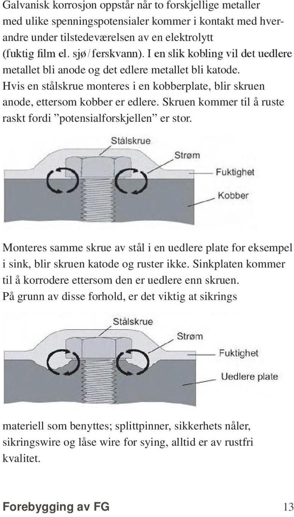 Skruen kommer til å ruste raskt fordi potensialforskjellen er stor. Monteres samme skrue av stål i en uedlere plate for eksempel i sink, blir skruen katode og ruster ikke.