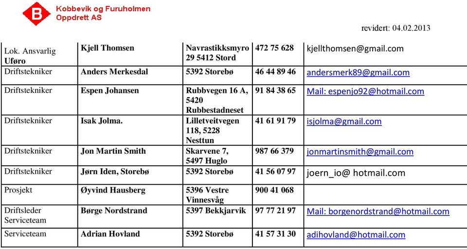 Lilletveitvegen 118, 5228 Nesttun Driftstekniker Jon Martin Smith Skarvene 7, 5497 Huglo 91 84 38 65 Mail: espenjo92@hotmail.com 41 61 91 79 isjolma@gmail.com 987 66 379 jonmartinsmith@gmail.