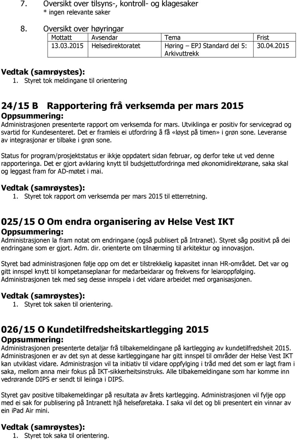 Styret tok meldingane til orientering 24/15 B Rapportering frå verksemda per mars 2015 Oppsummering: Administrasjonen presenterte rapport om verksemda for mars.