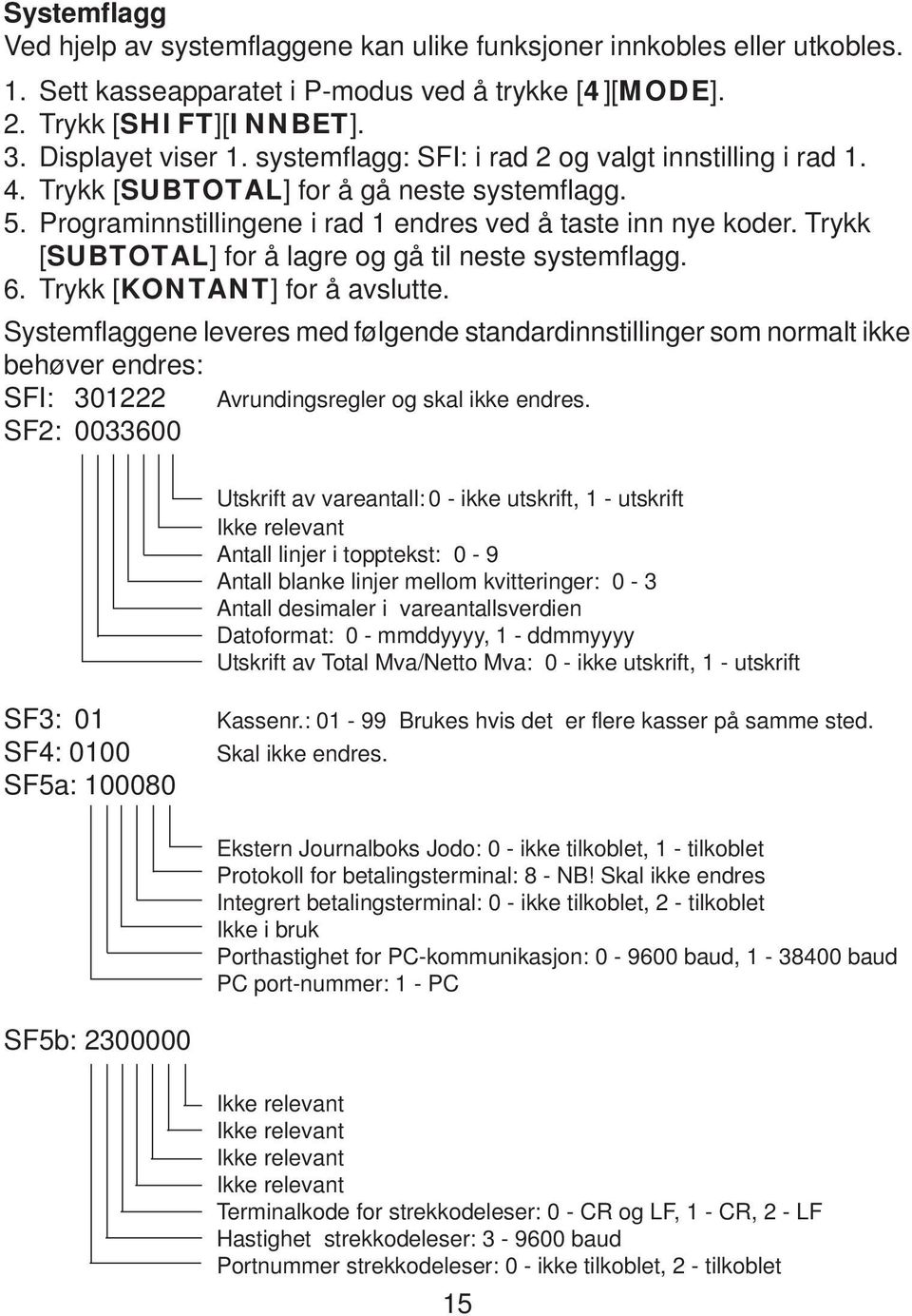 Trykk [SUBTOTAL] for å lagre og gå til neste systemflagg. 6. Trykk [KONTANT] for å avslutte.