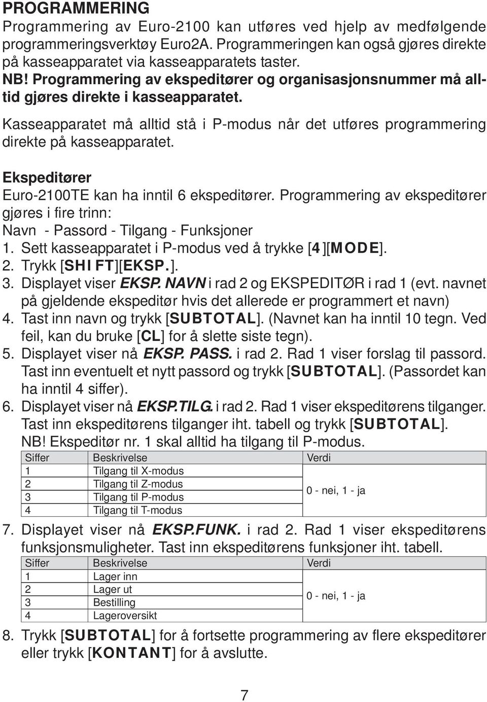 Ekspeditører Euro-2100TE kan ha inntil 6 ekspeditører. Programmering av ekspeditører gjøres i fire trinn: Navn - Passord - Tilgang - Funksjoner 1. Sett kasseapparatet i P-modus ved å trykke [4][MODE].