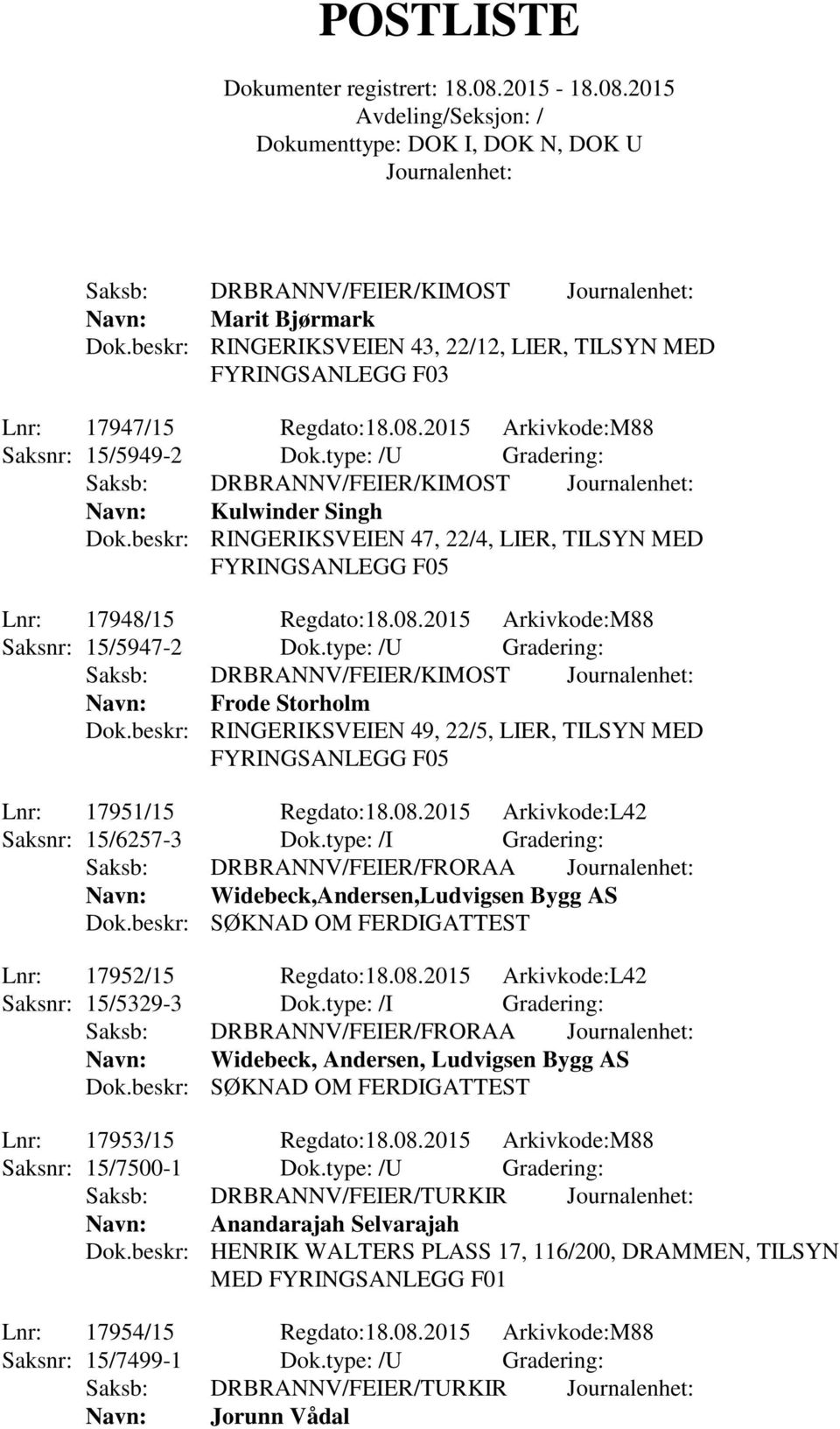 2015 Arkivkode:M88 Saksnr: 15/5947-2 Dok.type: /U Gradering: Saksb: DRBRANNV/FEIER/KIMOST Navn: Frode Storholm Dok.