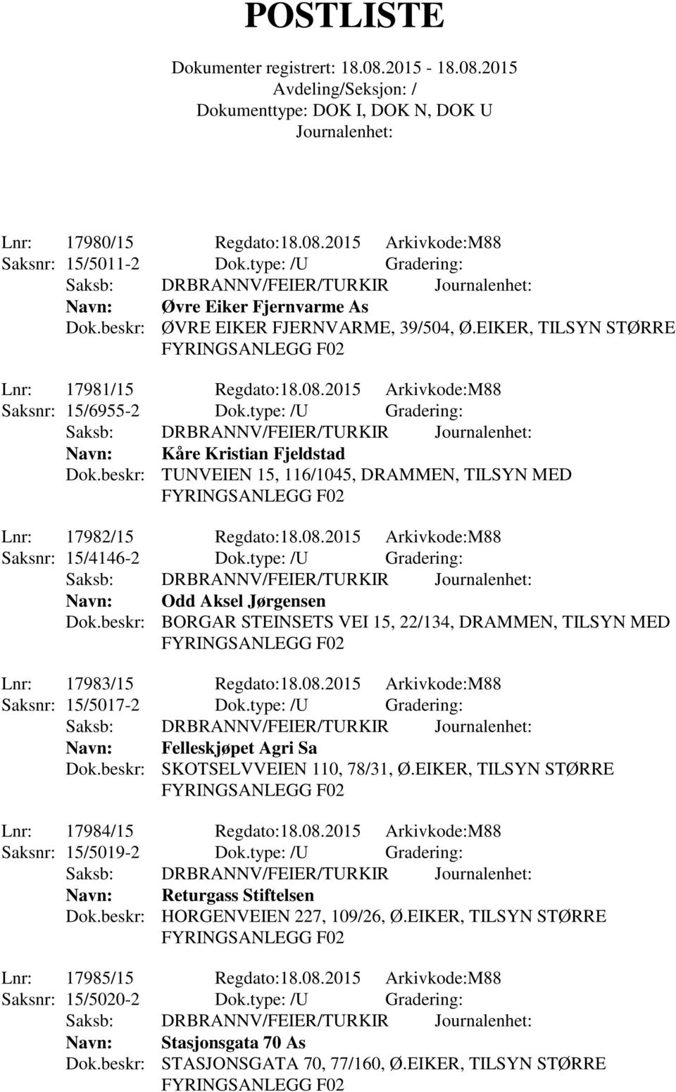 beskr: TUNVEIEN 15, 116/1045, DRAMMEN, TILSYN MED Lnr: 17982/15 Regdato:18.08.2015 Arkivkode:M88 Saksnr: 15/4146-2 Dok.type: /U Gradering: Navn: Odd Aksel Jørgensen Dok.