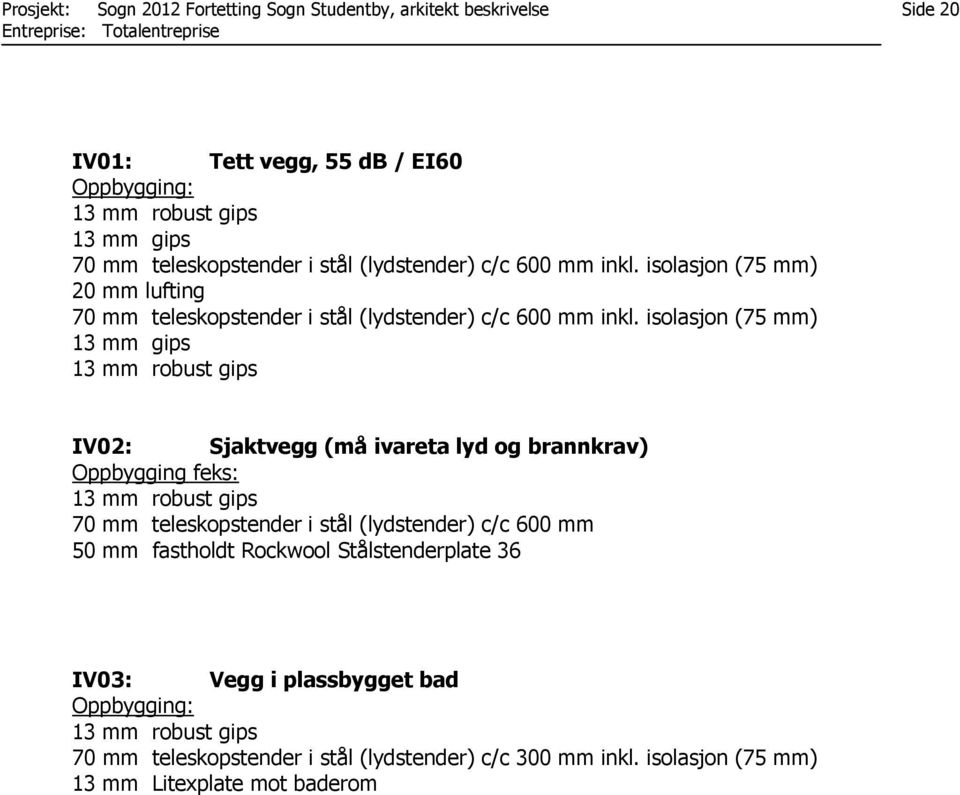 isolasjon (75 mm) 13 mm gips 13 mm robust gips IV02: Sjaktvegg (må ivareta lyd og brannkrav) Oppbygging feks: 13 mm robust gips 70 mm teleskopstender i stål (lydstender)