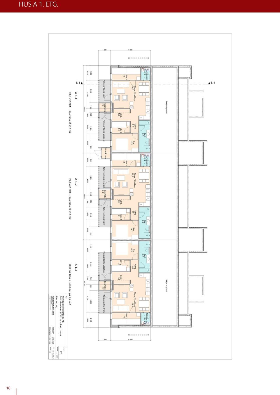 Hus A P1 Tegning nr. Rev. x 70,0 m2 BRA + sportsbu på 2,2 m2 71,0 m2 BRA + sportsbu på 2,2 m2 70,0 m2 BRA + sportsbu på 2,2 m2 A 1.