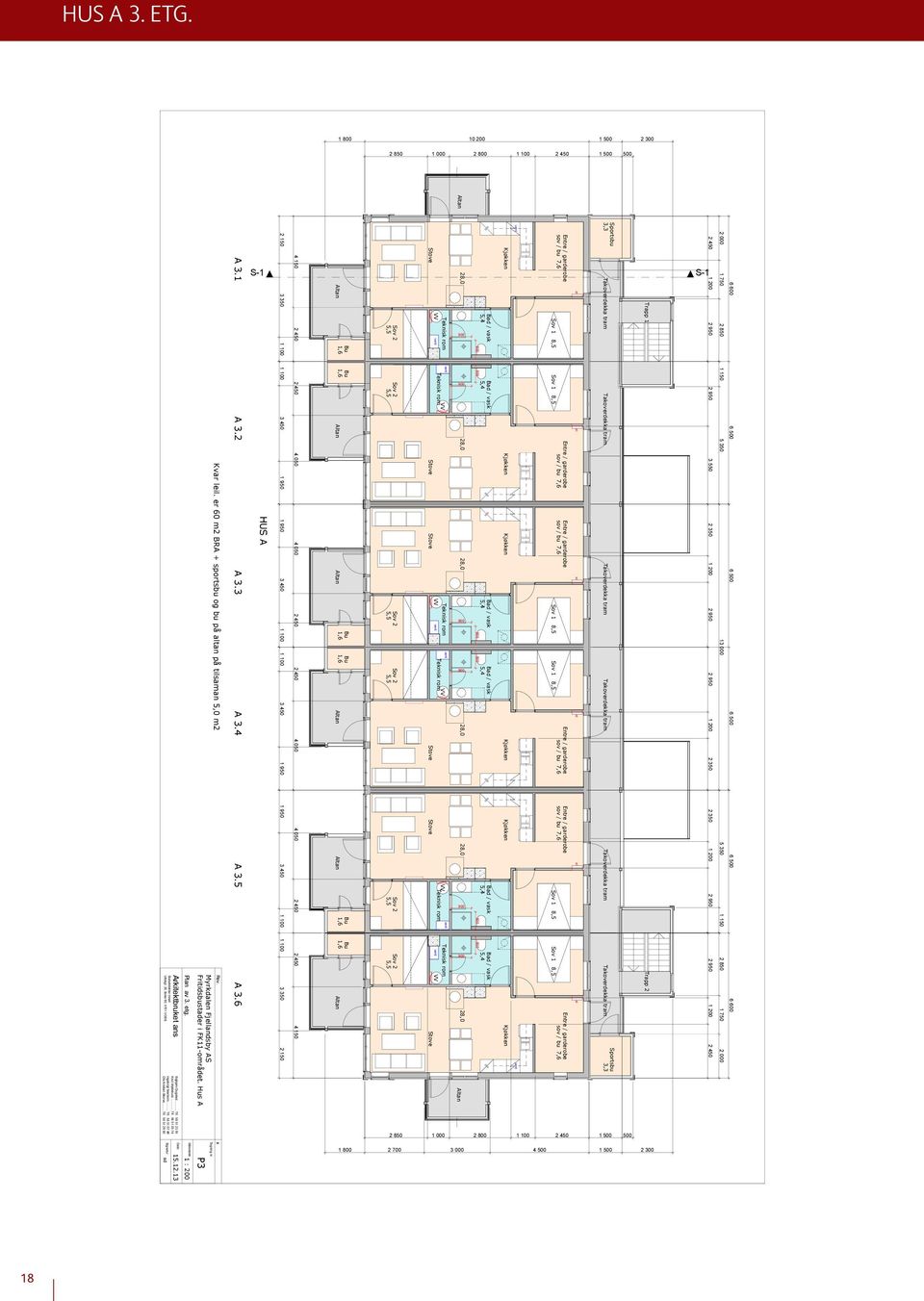13 Målestokk 1 : 200 Myrkdalen Fjellandsby AS Fritidsbustader i FK11-området. Hus A P3 Tegning nr. Kvar leil. er 60 m2 BRA + sportsbu og bu på altan på tilsaman 5,0 m2 Rev. x A 3.1 A 3.2 A 3.3 A 3.