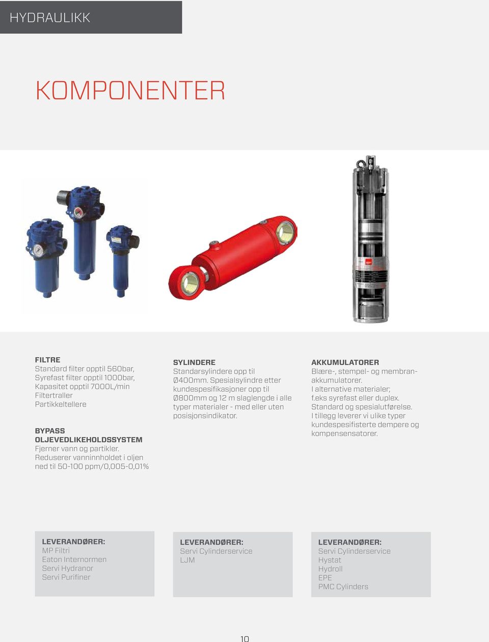 Spesialsylindre etter kundespesifikasjoner opp til Ø800mm og 12 m slaglengde i alle typer materialer - med eller uten posisjonsindikator. AKKUMULATORER Blære-, stempel- og membranakkumulatorer.