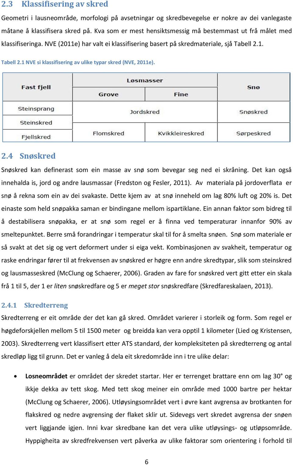 1. Tabell 2.1 NVE si klassifisering av ulike typar skred (NVE, 2011e). 2.4 Snøskred Snøskred kan definerast som ein masse av snø som bevegar seg ned ei skråning.