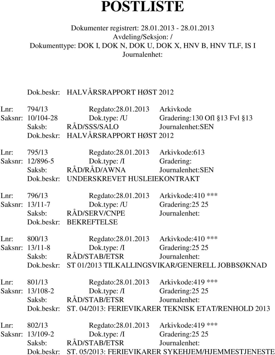 type: /U Gradering:25 25 Saksb: RÅD/SERV/CNPE Dok.beskr: BEKREFTELSE Lnr: 800/13 Regdato:28.01.2013 Arkivkode:410 *** Saksnr: 13/11-8 Dok.type: /I Gradering:25 25 Saksb: RÅD/STAB/ETSR Dok.