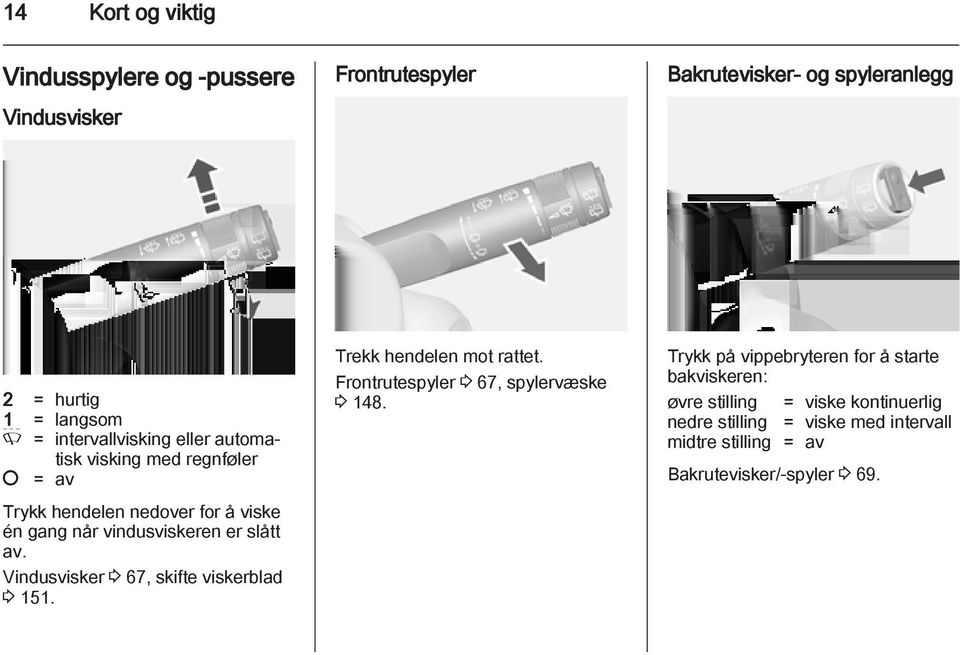 Vindusvisker 3 67, skifte viskerblad 3 151. Trekk hendelen mot rattet. Frontrutespyler 3 67, spylervæske 3 148.