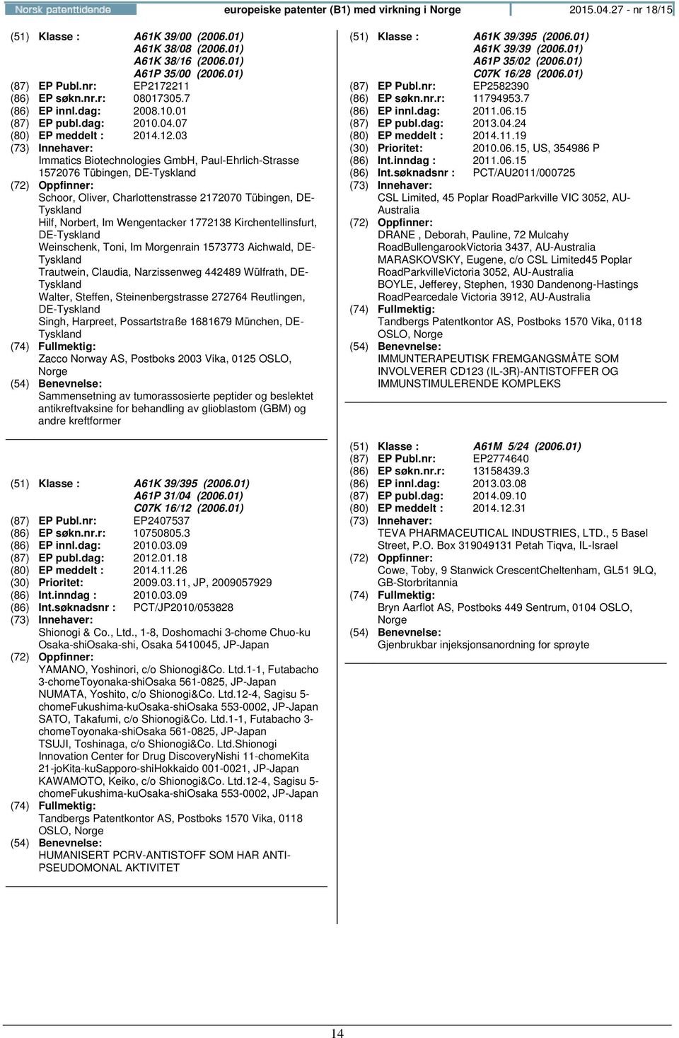 03 Immatics Biotechnologies GmbH, Paul-Ehrlich-Strasse 1572076 Tübingen, DE- Schoor, Oliver, Charlottenstrasse 2172070 Tübingen, DE- Hilf, Norbert, Im Wengentacker 1772138 Kirchentellinsfurt, DE-