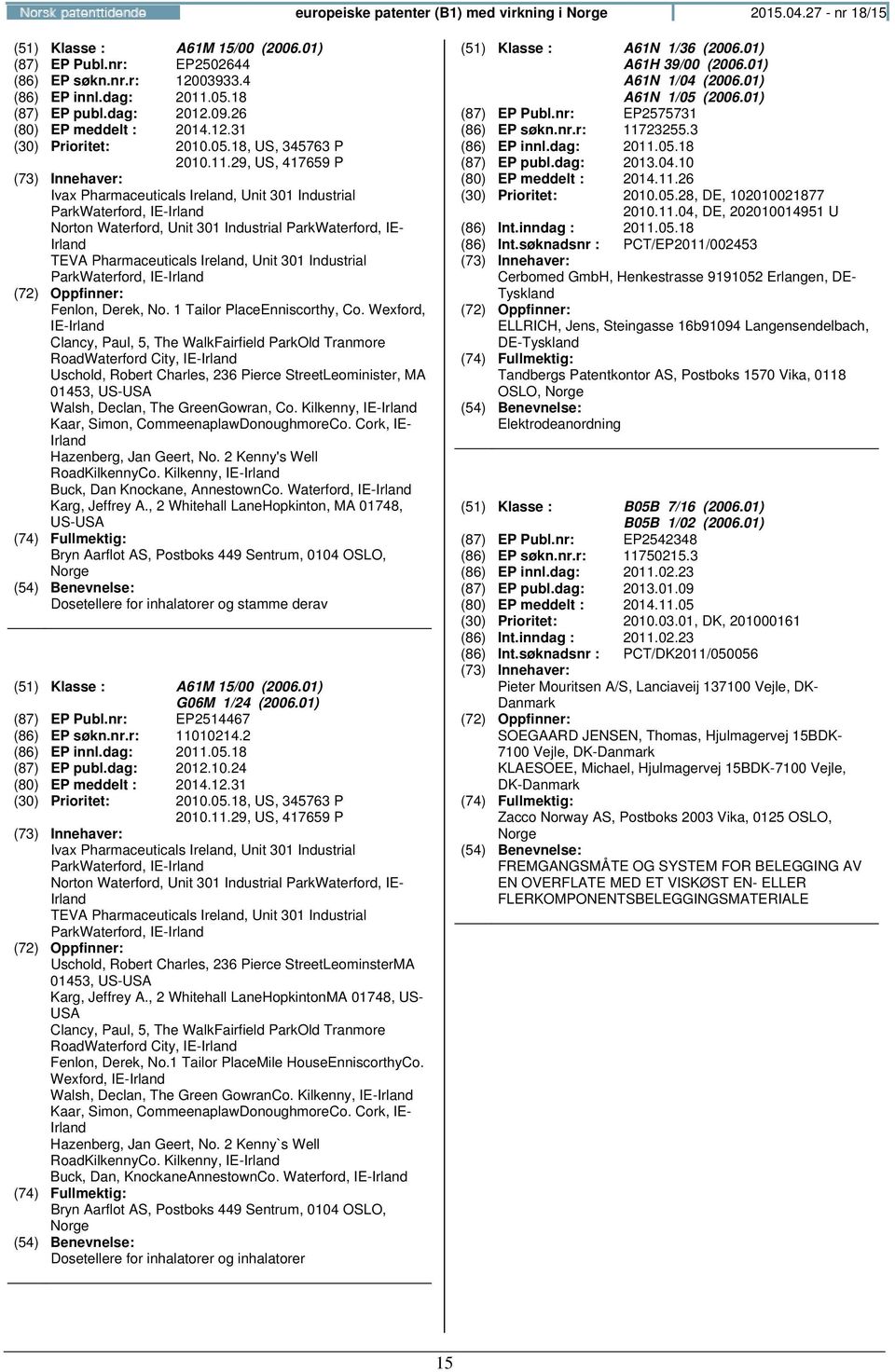 29, US, 417659 P Ivax Pharmaceuticals Ireland, Unit 301 Industrial ParkWaterford, IE-Irland Norton Waterford, Unit 301 Industrial ParkWaterford, IE- Irland TEVA Pharmaceuticals Ireland, Unit 301