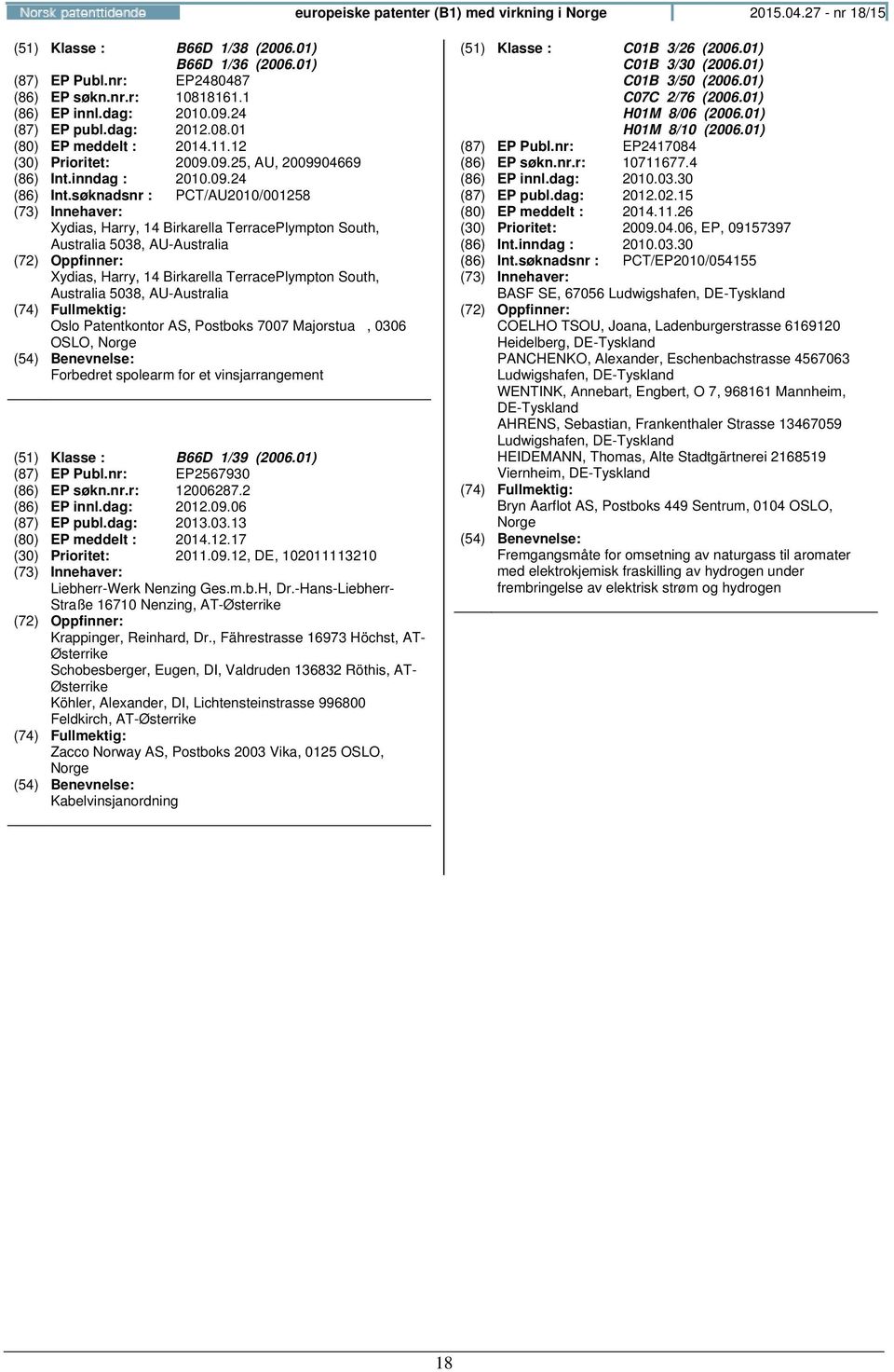 søknadsnr : PCT/AU2010/001258 Xydias, Harry, 14 Birkarella TerracePlympton South, Australia 5038, AU-Australia Xydias, Harry, 14 Birkarella TerracePlympton South, Australia 5038, AU-Australia Oslo