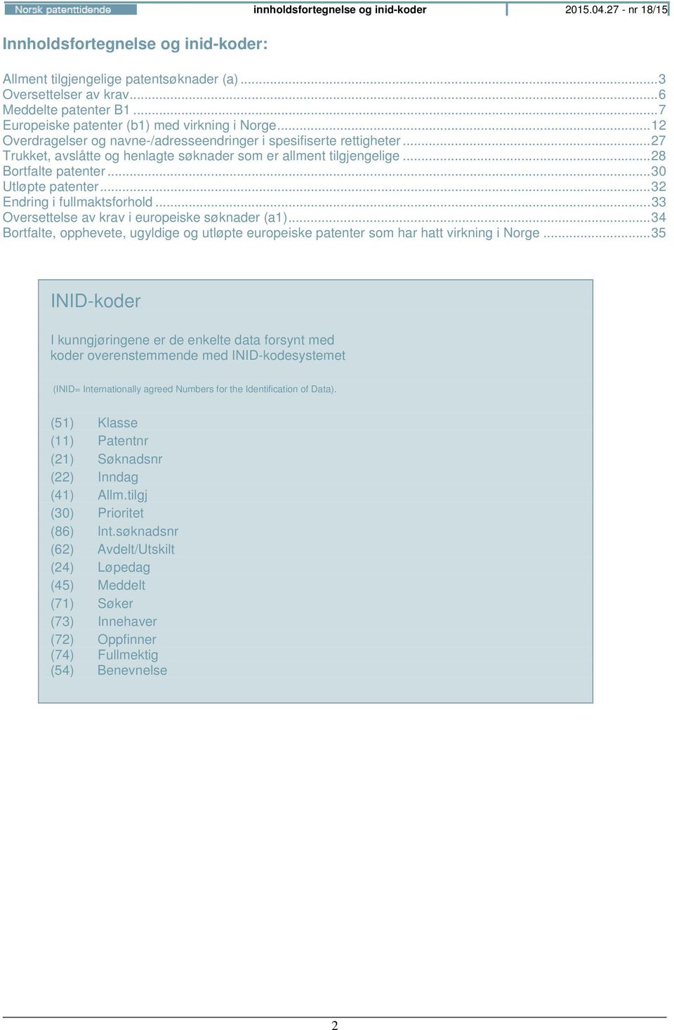 .. 28 Bortfalte patenter... 30 Utløpte patenter... 32 Endring i fullmaktsforhold... 33 Oversettelse av krav i europeiske søknader (a1).