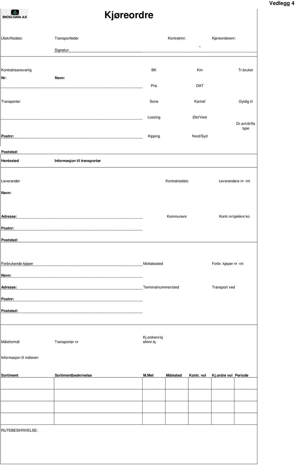 avt/drifts type Kipping Postnr: Nord/Syd Poststed: Hentested Informasjon til transportør Leverandør Kontraktsdato Leverandørs nr -int Kommunenr Kontr.nr/sjekknr.