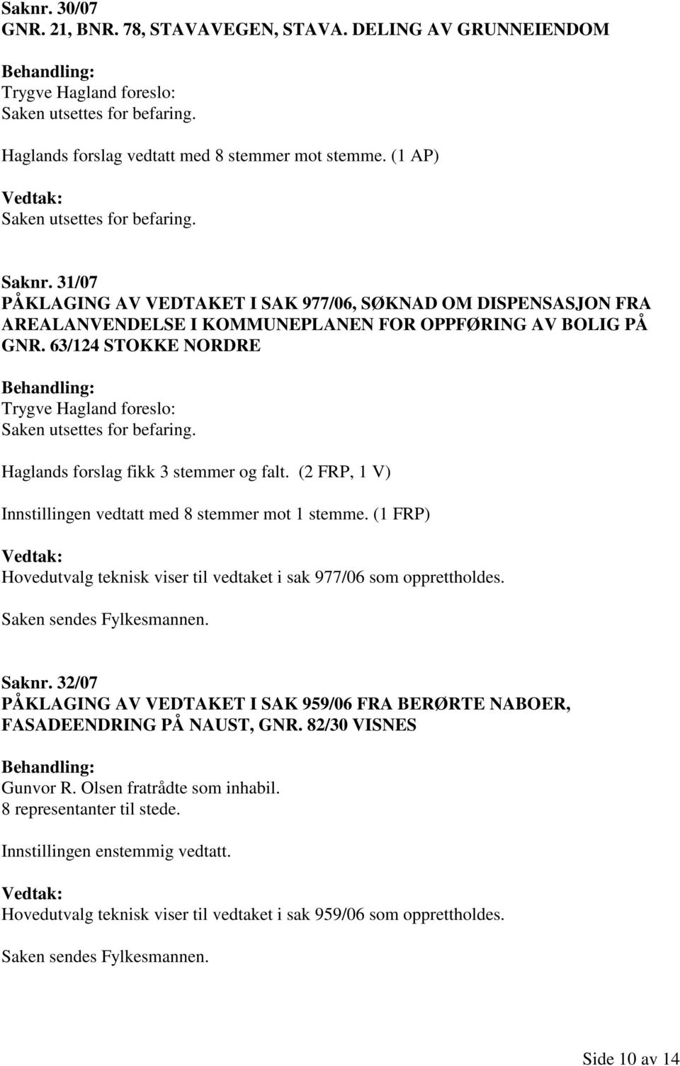 63/124 STOKKE NORDRE Trygve Hagland foreslo: Saken utsettes for befaring. Haglands forslag fikk 3 stemmer og falt. (2 FRP, 1 V) Innstillingen vedtatt med 8 stemmer mot 1 stemme.