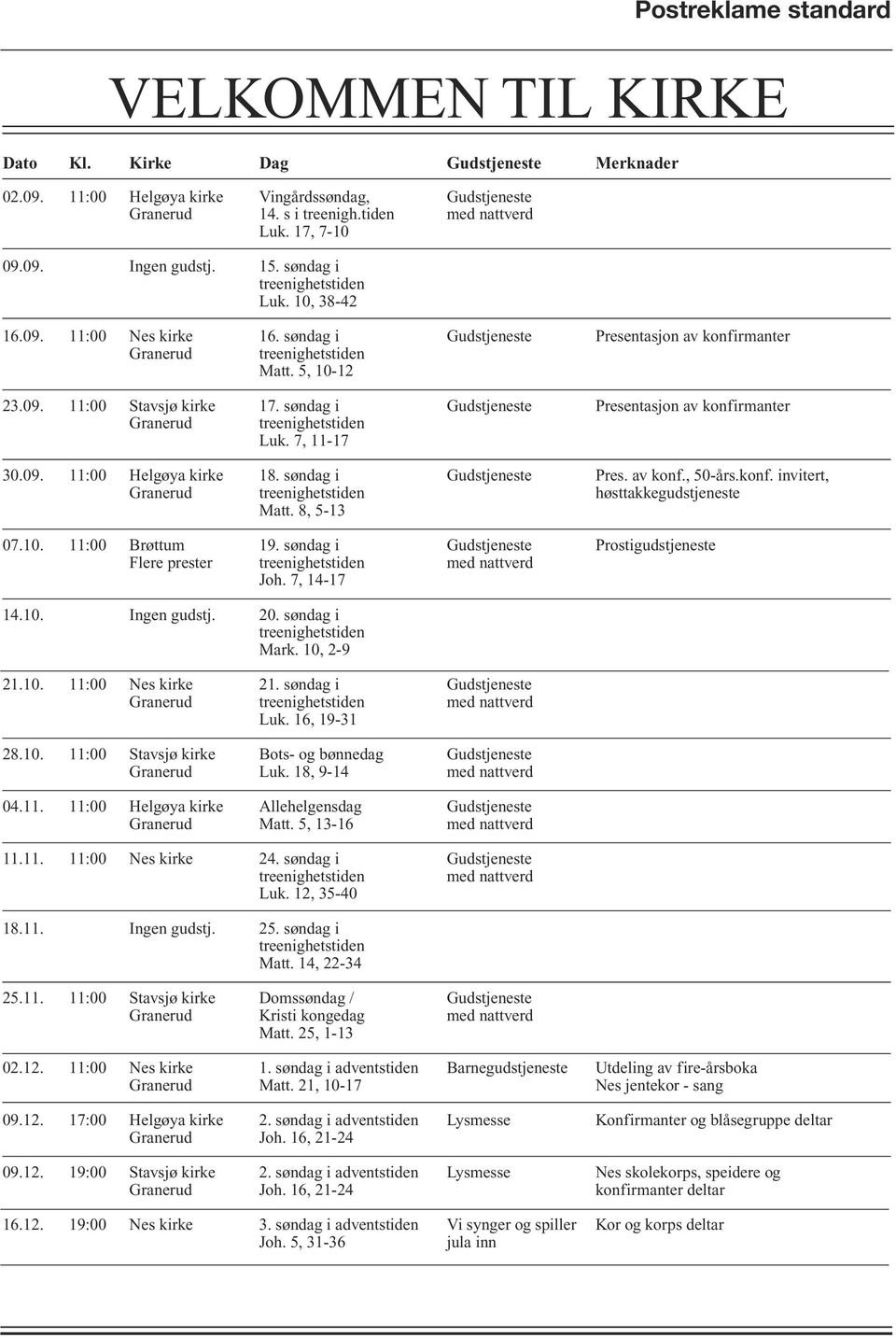 søndag i Gudstjeneste Presentasjon av konfirmanter Granerud treenighetstiden Luk. 7, 11-17 30.09. 11:00 Helgøya kirke 18. søndag i Gudstjeneste Pres. av konf., 50-års.konf. invitert, Granerud treenighetstiden høsttakkegudstjeneste Matt.