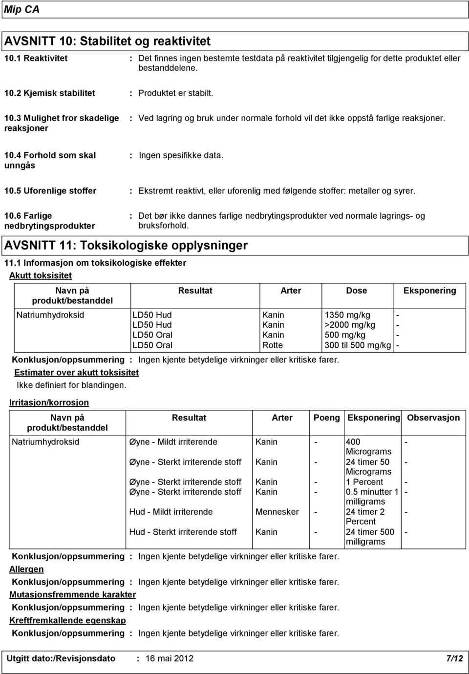 4 Forhold som skal unngås Ingen spesifikke data. 10.5 Uforenlige stoffer Ekstremt reaktivt, eller uforenlig med følgende stoffer metaller og syrer. 10.6 Farlige nedbrytingsprodukter AVSNITT 11 Toksikologiske opplysninger 11.