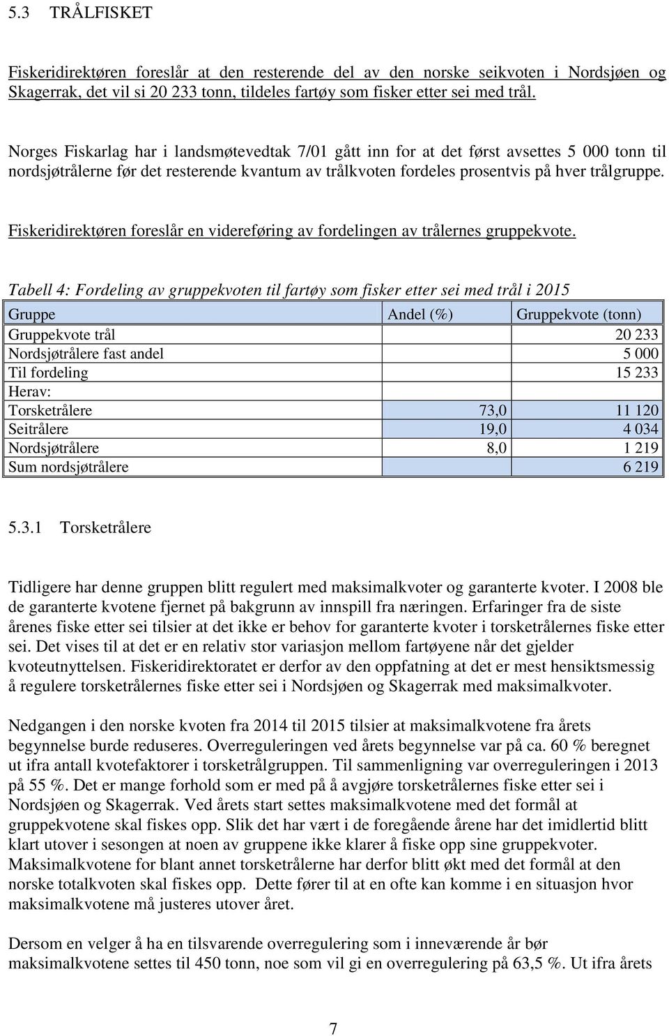 Fiskeridirektøren foreslår en videreføring av fordelingen av trålernes gruppekvote.