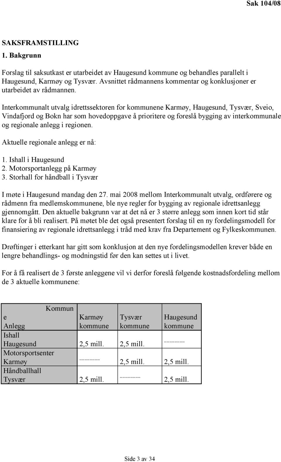 Interkommunalt utvalg idrettssektoren for kommunene Karmøy, Haugesund, Tysvær, Sveio, Vindafjord og Bokn har som hovedoppgave å prioritere og foreslå bygging av interkommunale og regionale anlegg i