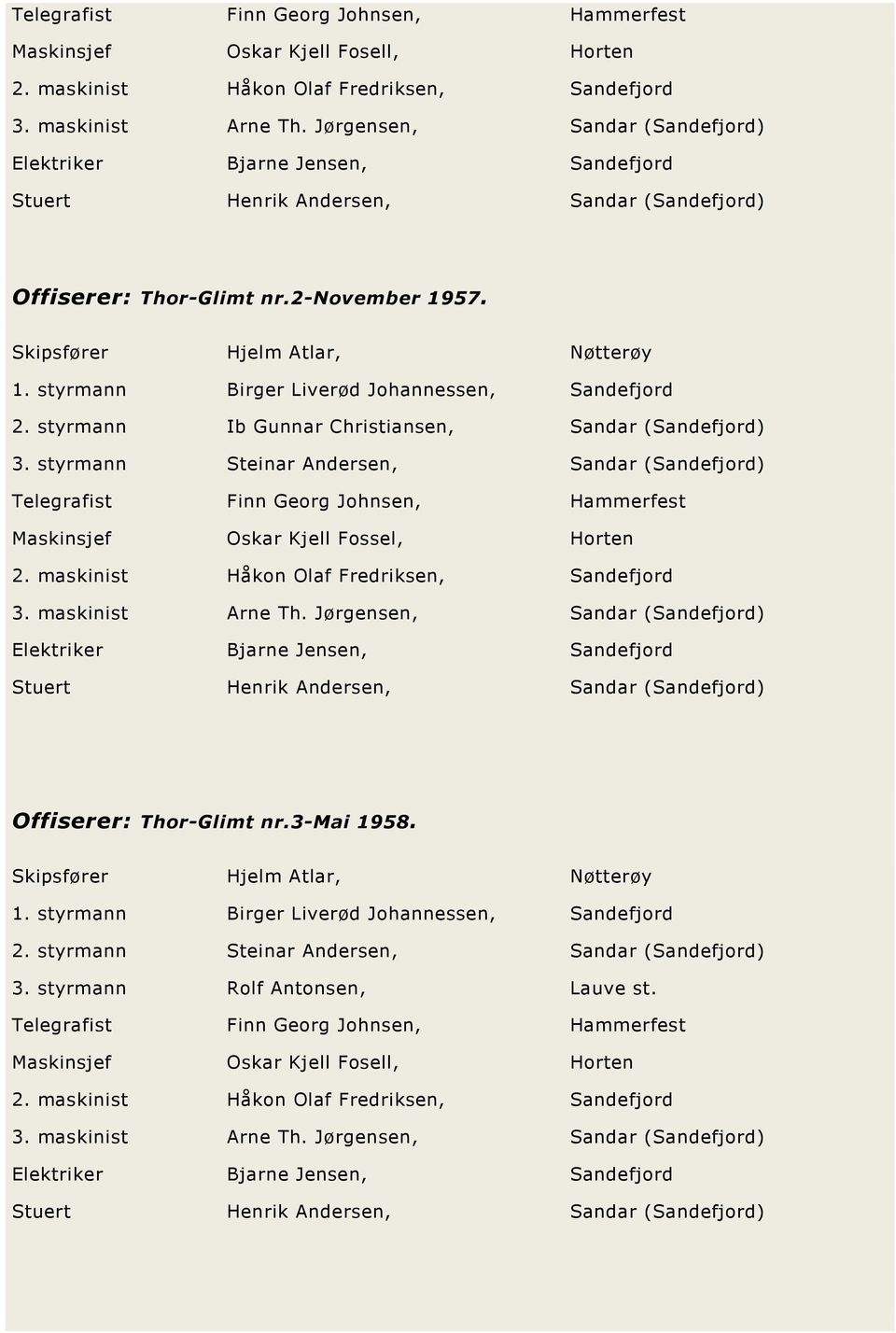 styrmann Birger Liverød Johannessen, Sandefjord 2. styrmann Ib Gunnar Christiansen, Sandar (Sandefjord) 3.