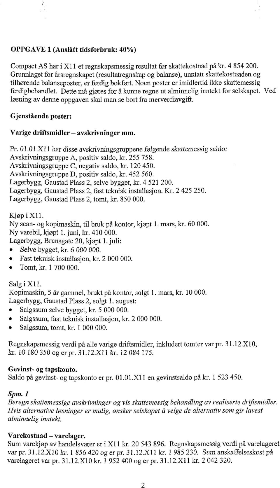 Dette må gjøres for å kunne regne ut alminnelig inntekt for selskapet. Ved løsning av denne oppgaven skal man se bort fra merverdiavgift. Gjenstående poster: Varige driftsmidler avskrivninger mm. Pr.