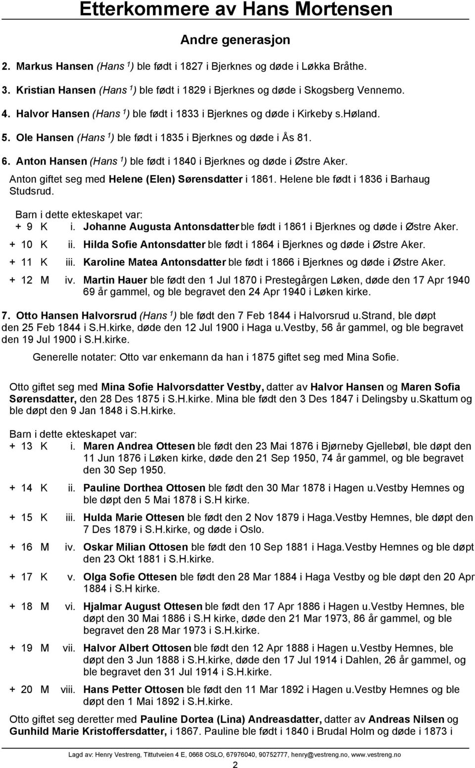 Anton Hansen (Hans 1 ) ble født i 1840 i Bjerknes og døde i Østre Aker. Anton giftet seg med Helene (Elen) Sørensdatter i 1861. Helene ble født i 1836 i Barhaug Studsrud. + 9 K i.