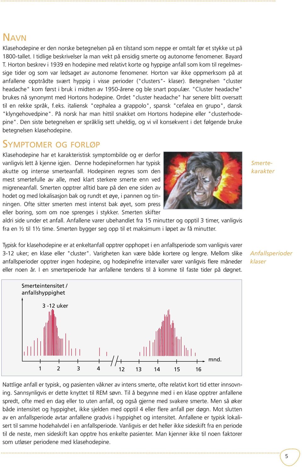 Horton var ikke oppmerksom på at anfallene opptrådte svært hyppig i visse perioder ("clusters"- klaser). Betegnelsen "cluster headache" kom først i bruk i midten av 1950-årene og ble snart populær.