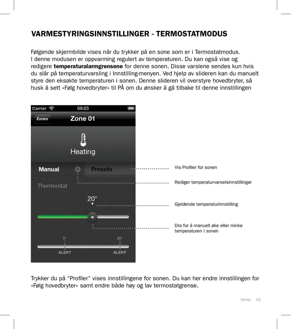 Ved hjelp av slideren kan du manuelt styre den eksakte temperaturen i sonen.