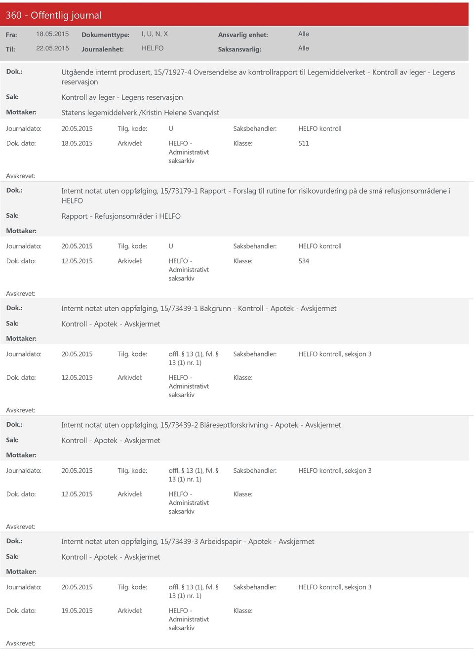 2015 tgående internt produsert, 15/71927-4 Oversendelse av kontrollrapport til Legemiddelverket - Kontroll av leger - Legens reservasjon Kontroll av leger - Legens reservasjon Statens legemiddelverk