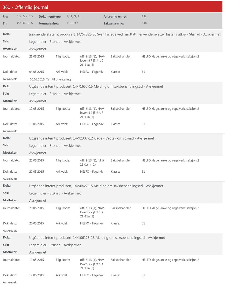 2015, Tatt til orientering tgående internt produsert, 14/71657-15 Melding om saksbehandlingstid - Legemidler - Stønad - Journaldato: 19.05.2015 Tilg. kode: offl. 13 (1), NAVloven 7 jf. ftrl.