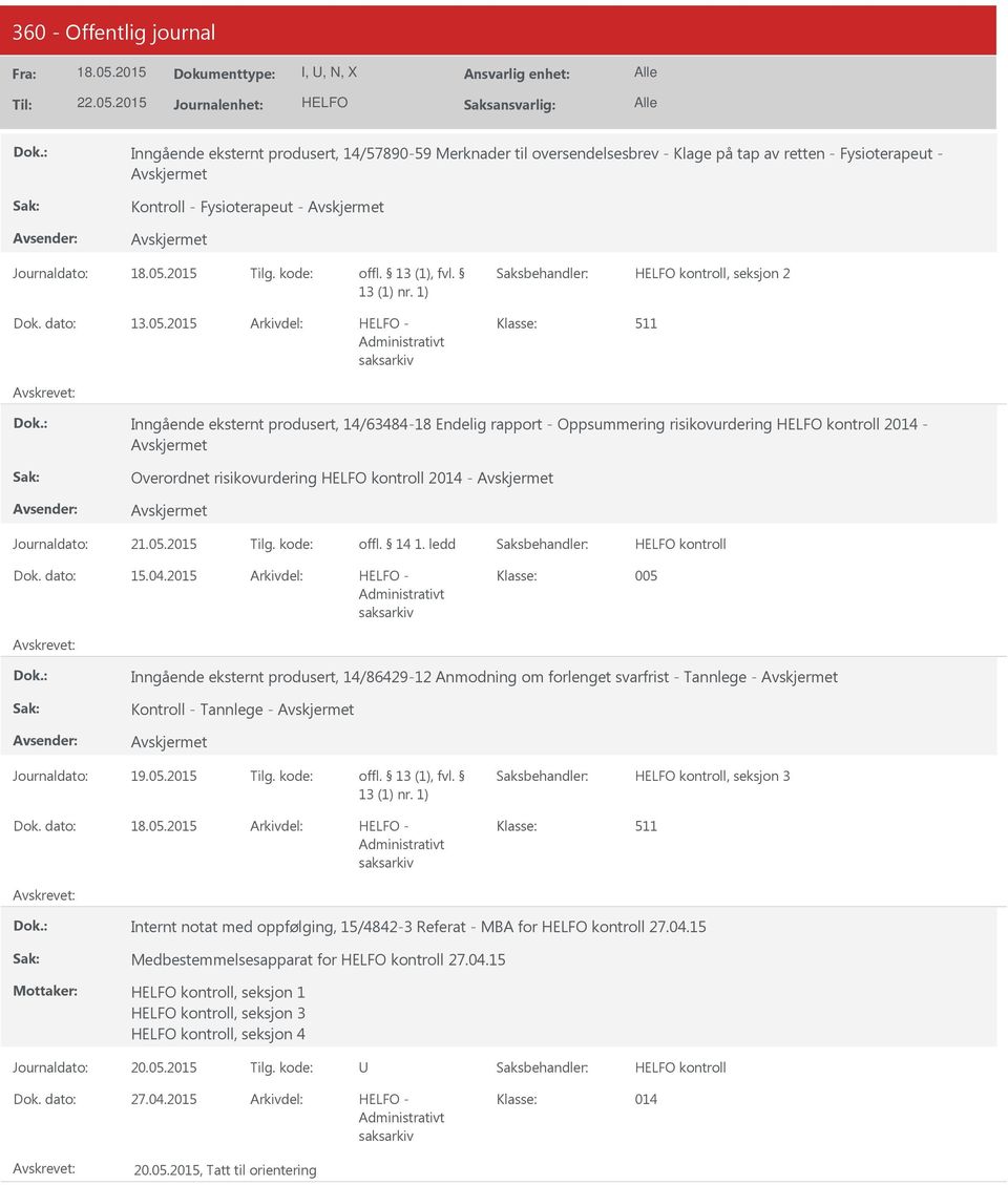2015 - Inngående eksternt produsert, 14/63484-18 Endelig rapport - Oppsummering risikovurdering kontroll 2014 - Overordnet risikovurdering kontroll 2014 - Journaldato: 21.05.2015 Tilg. kode: offl.