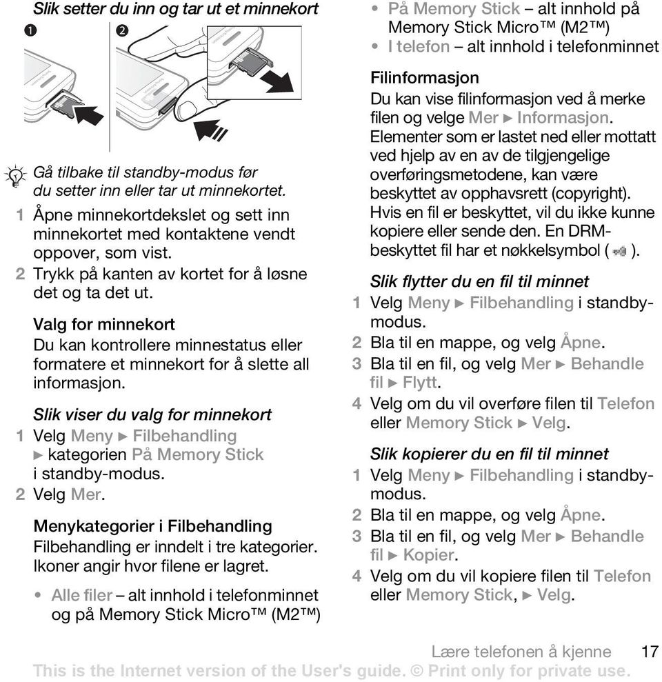 Valg for minnekort Du kan kontrollere minnestatus eller formatere et minnekort for å slette all informasjon.