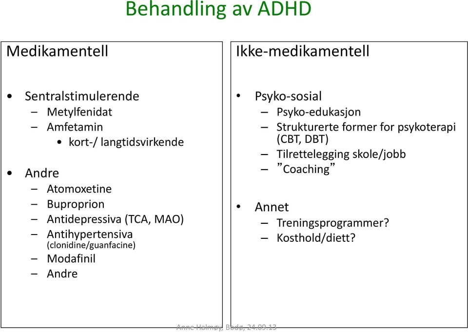 (clonidine/guanfacine) Modafinil Andre Psyko-sosial Psyko-edukasjon Strukturerte former for