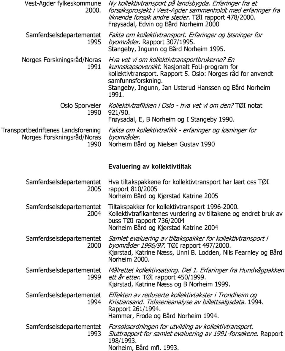 Erfaringer og løsninger for byområder. Rapport 307/1995. Stangeby, Ingunn og Bård Norheim 1995. Hva vet vi om kollektivtransportbrukerne? En kunnskapsoversikt.