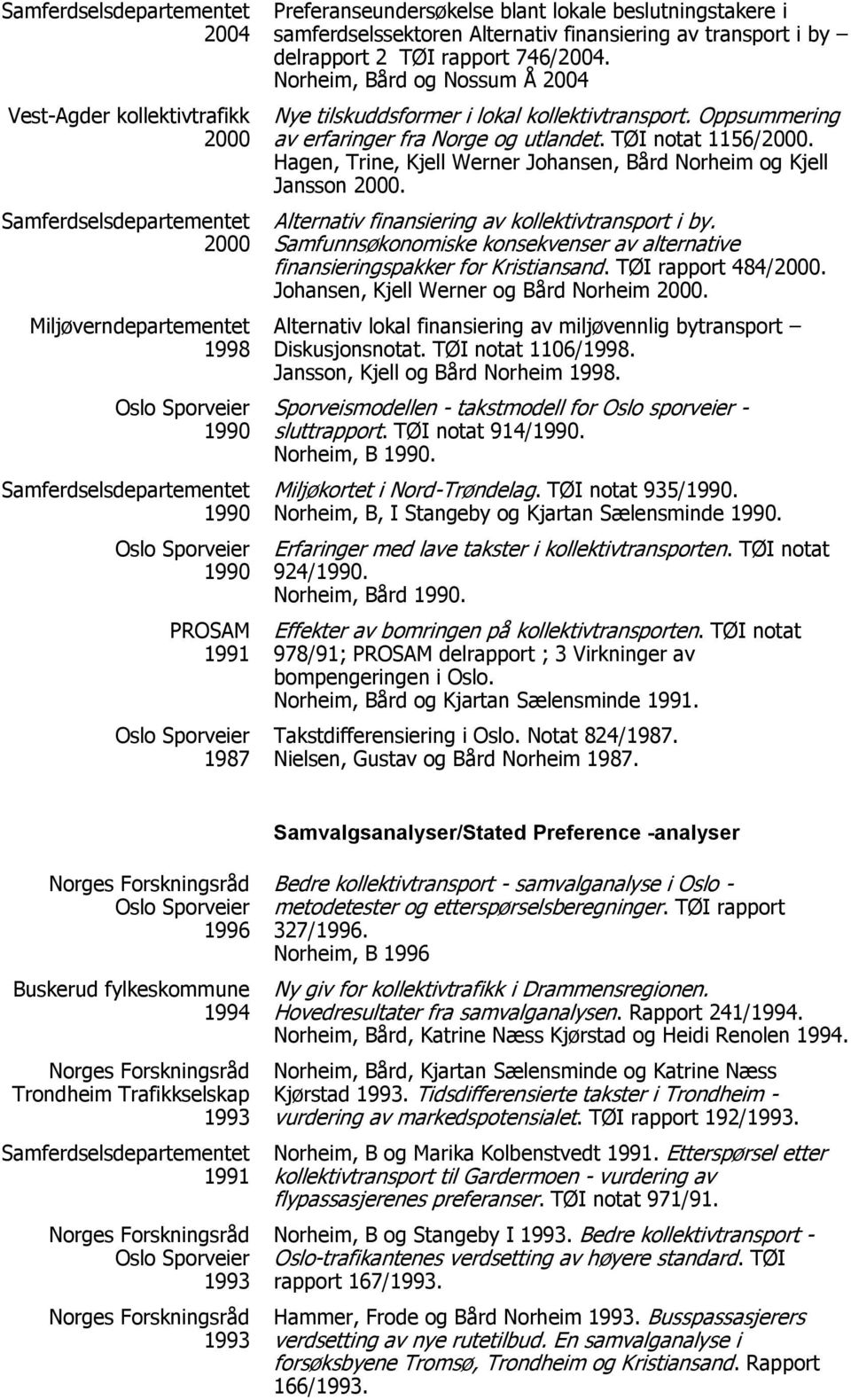 Hagen, Trine, Kjell Werner Johansen, Bård Norheim og Kjell Jansson 2000. Alternativ finansiering av kollektivtransport i by.