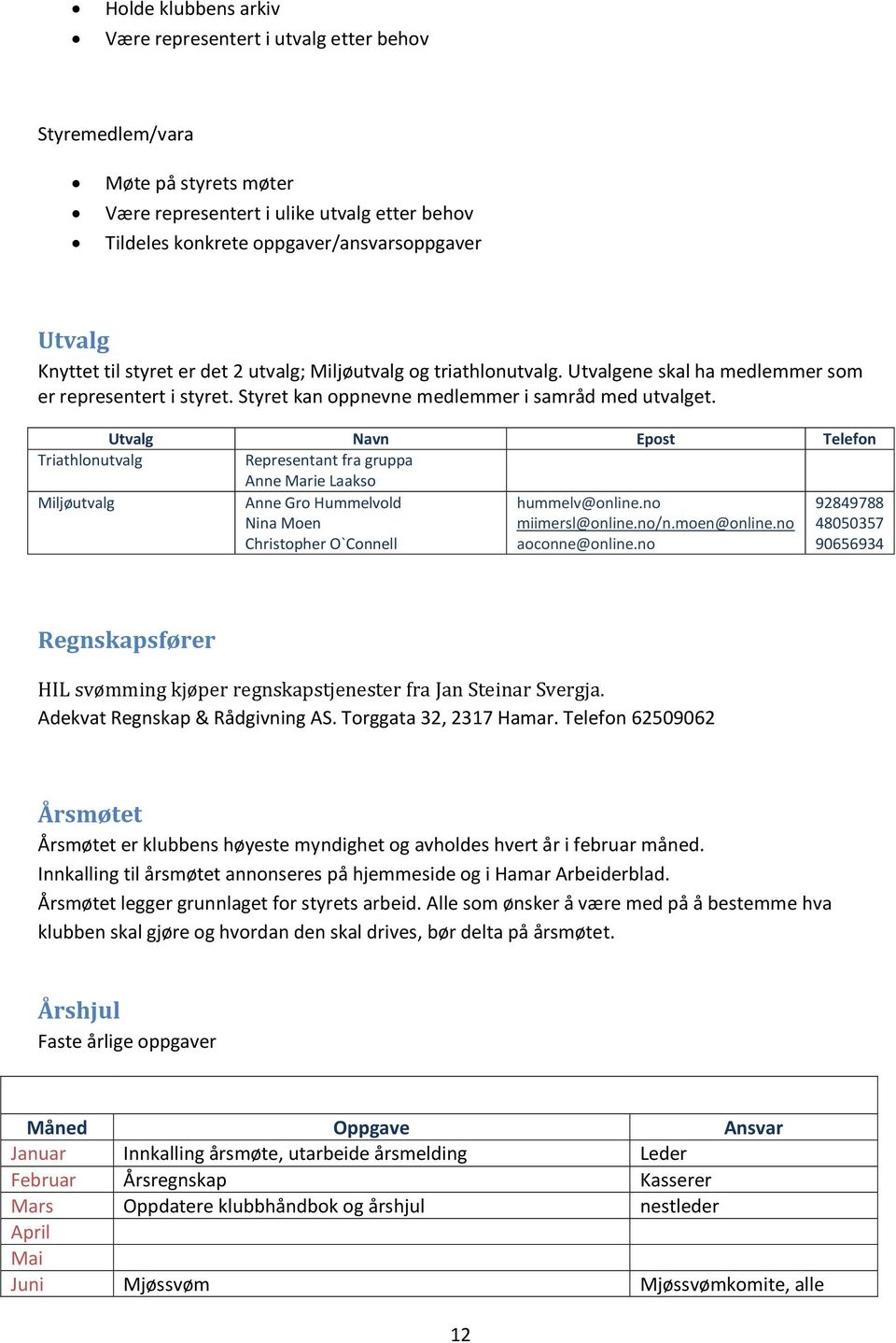 Utvalg Navn Epost Telefon Triathlonutvalg Representant fra gruppa Anne Marie Laakso Miljøutvalg Anne Gro Hummelvold Nina Moen Christopher O`Connell hummelv@online.no miimersl@online.no/n.moen@online.