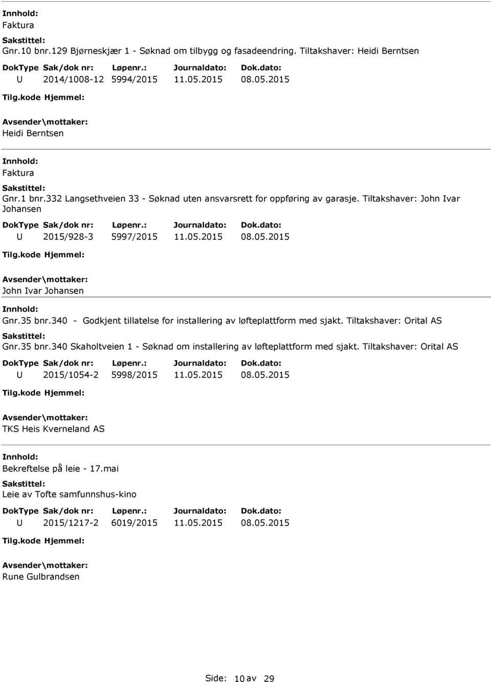 340 - Godkjent tillatelse for installering av løfteplattform med sjakt. Tiltakshaver: Orital AS Gnr.35 bnr.